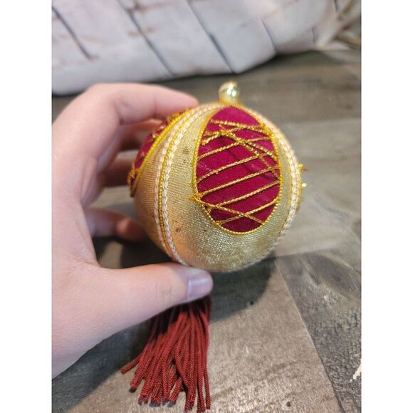 Satin AS IS gold red tassel ball ornament Xmas - Picture 1 of 9